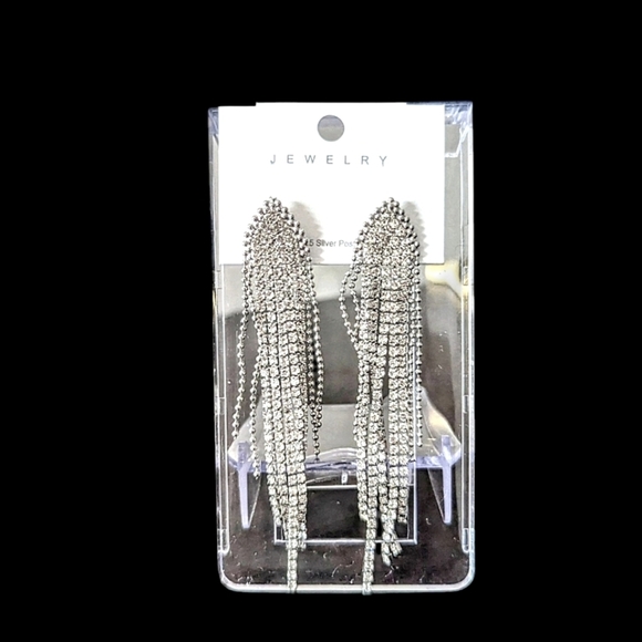 Silver Rhinestone Dangle Earrings  4 In Long - Picture 1 of 1